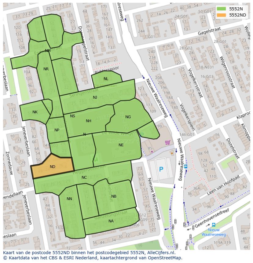 Afbeelding van het postcodegebied 5552 ND op de kaart.