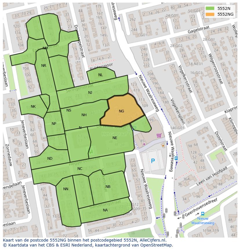 Afbeelding van het postcodegebied 5552 NG op de kaart.
