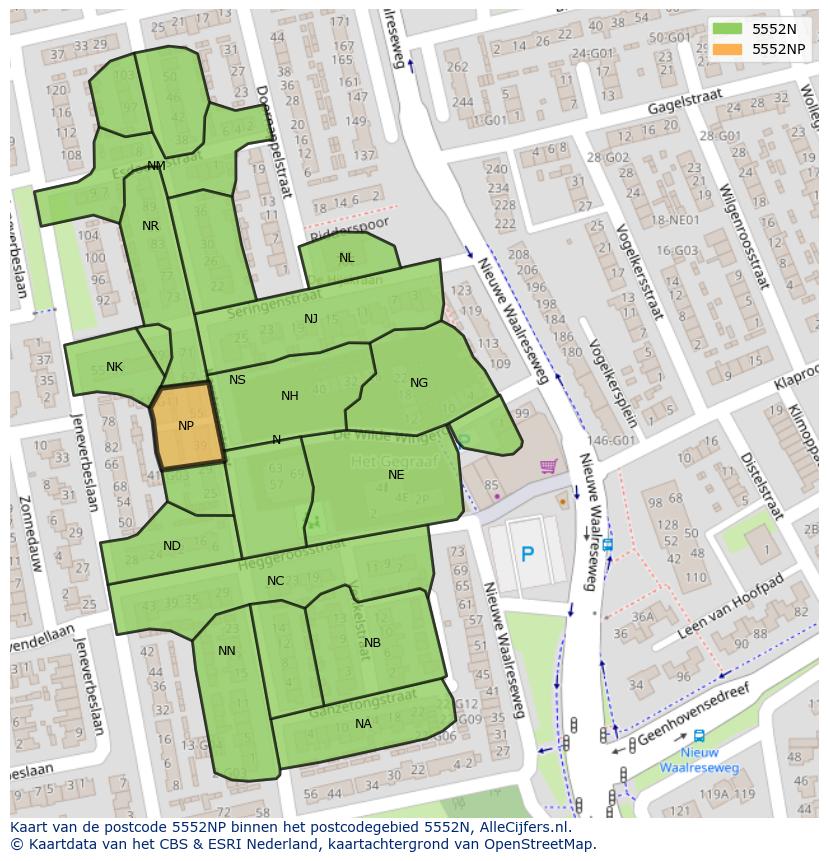 Afbeelding van het postcodegebied 5552 NP op de kaart.