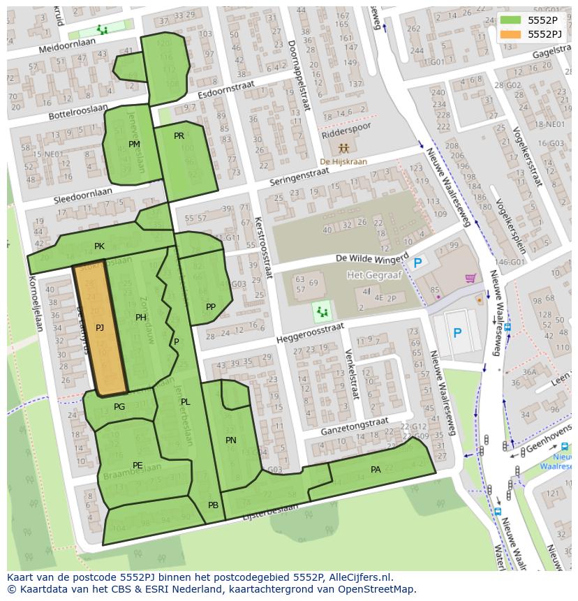 Afbeelding van het postcodegebied 5552 PJ op de kaart.