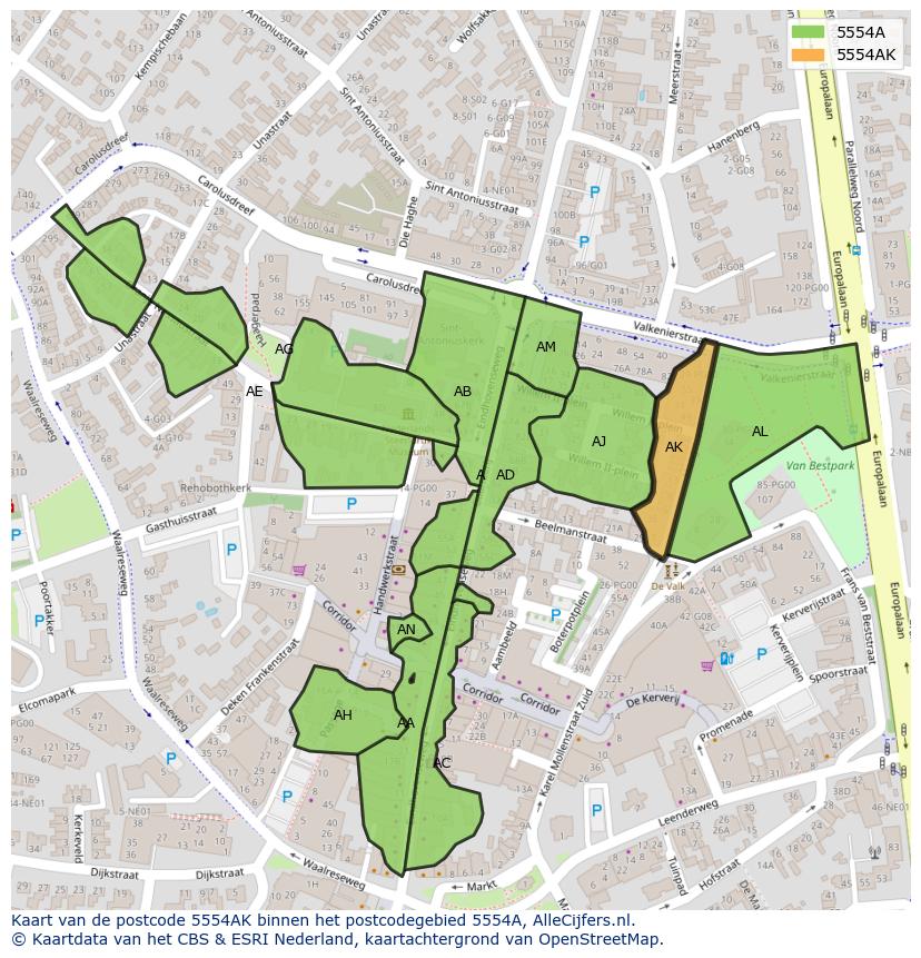 Afbeelding van het postcodegebied 5554 AK op de kaart.