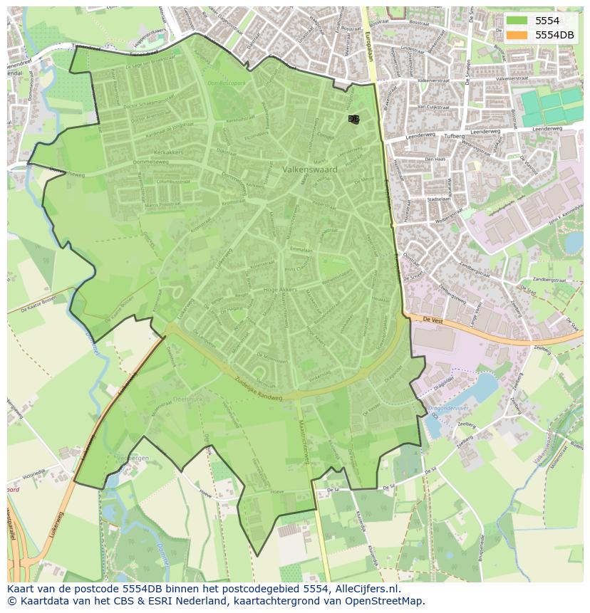 Afbeelding van het postcodegebied 5554 DB op de kaart.