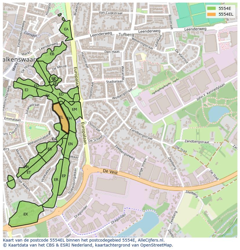 Afbeelding van het postcodegebied 5554 EL op de kaart.