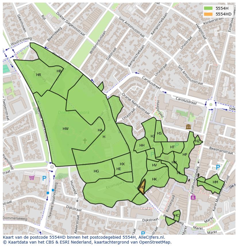 Afbeelding van het postcodegebied 5554 HD op de kaart.