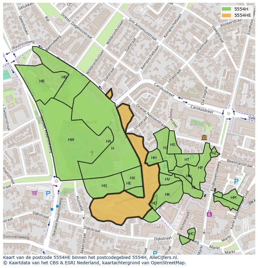 Afbeelding van het postcodegebied 5554 HE op de kaart.