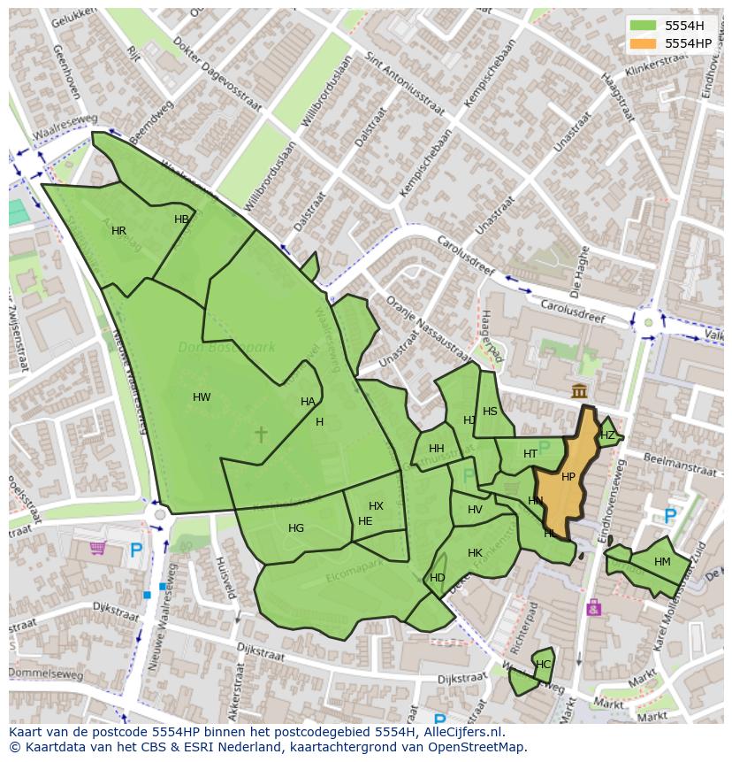 Afbeelding van het postcodegebied 5554 HP op de kaart.