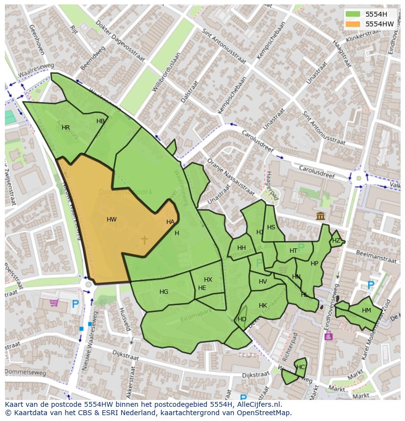 Afbeelding van het postcodegebied 5554 HW op de kaart.