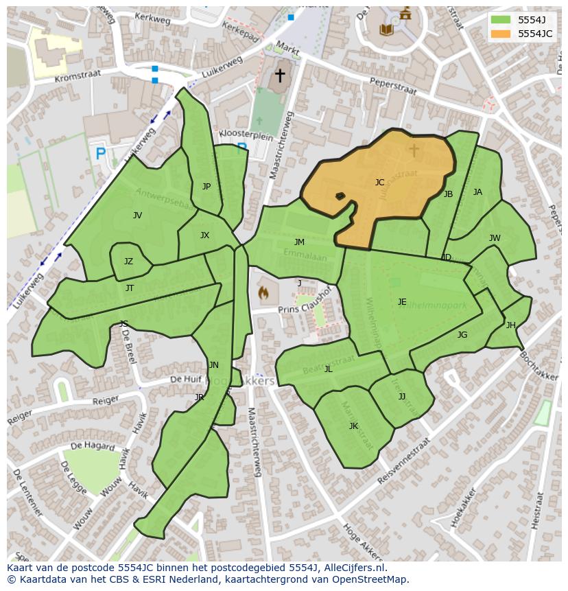 Afbeelding van het postcodegebied 5554 JC op de kaart.