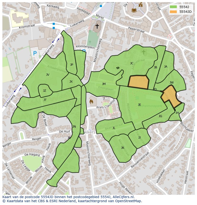 Afbeelding van het postcodegebied 5554 JD op de kaart.
