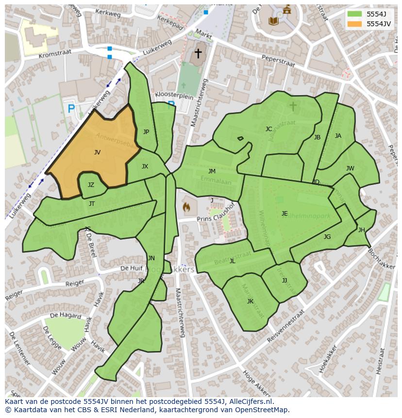 Afbeelding van het postcodegebied 5554 JV op de kaart.