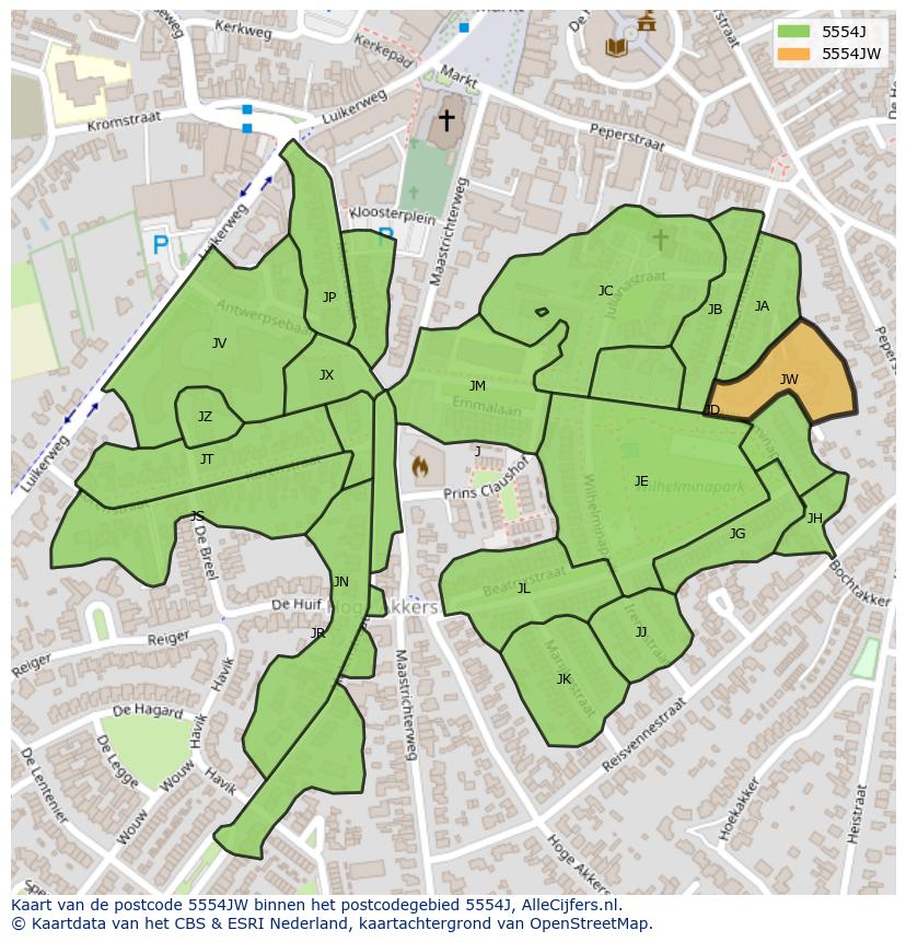 Afbeelding van het postcodegebied 5554 JW op de kaart.