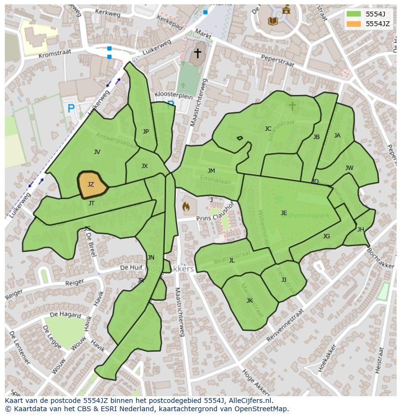 Afbeelding van het postcodegebied 5554 JZ op de kaart.