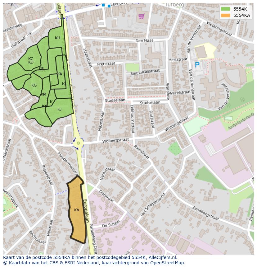 Afbeelding van het postcodegebied 5554 KA op de kaart.