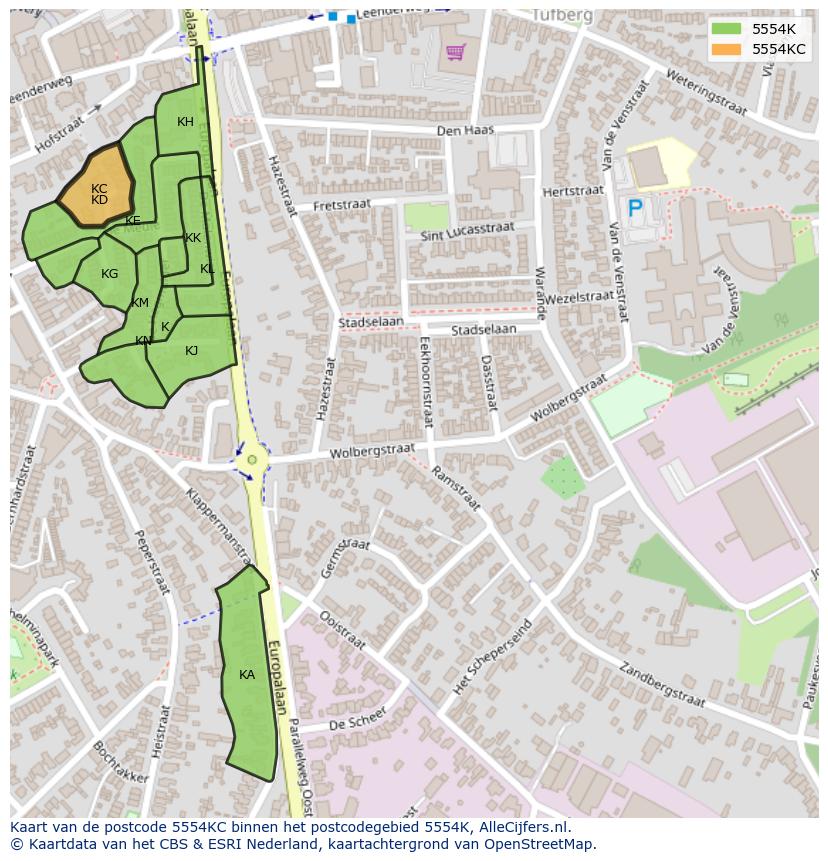 Afbeelding van het postcodegebied 5554 KC op de kaart.