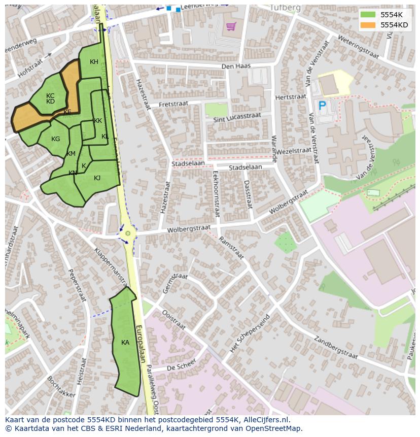 Afbeelding van het postcodegebied 5554 KD op de kaart.