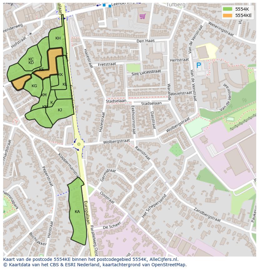 Afbeelding van het postcodegebied 5554 KE op de kaart.