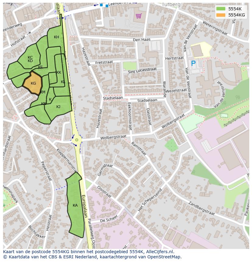 Afbeelding van het postcodegebied 5554 KG op de kaart.