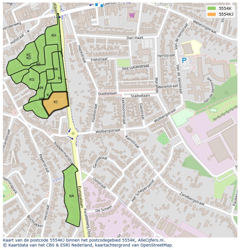 Afbeelding van het postcodegebied 5554 KJ op de kaart.