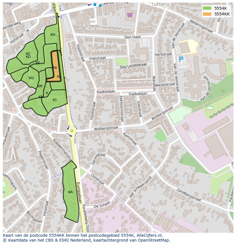 Afbeelding van het postcodegebied 5554 KK op de kaart.