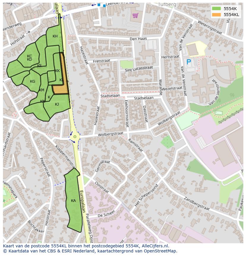 Afbeelding van het postcodegebied 5554 KL op de kaart.