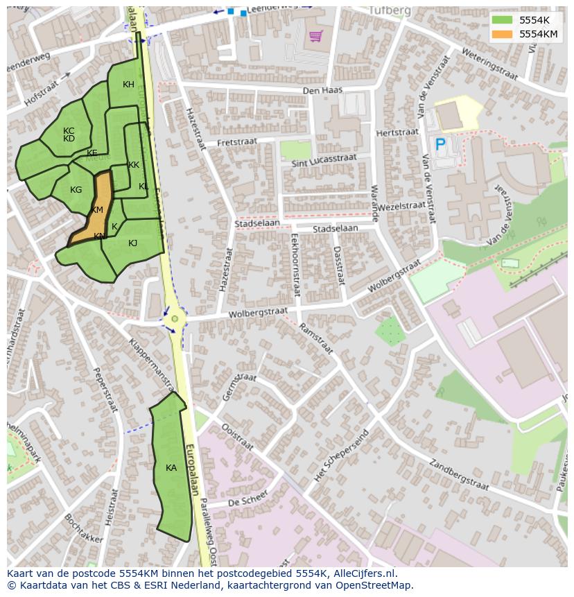 Afbeelding van het postcodegebied 5554 KM op de kaart.