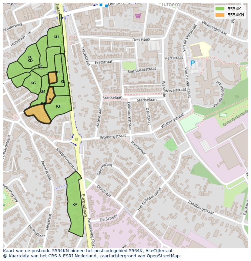 Afbeelding van het postcodegebied 5554 KN op de kaart.
