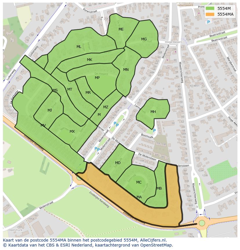 Afbeelding van het postcodegebied 5554 MA op de kaart.