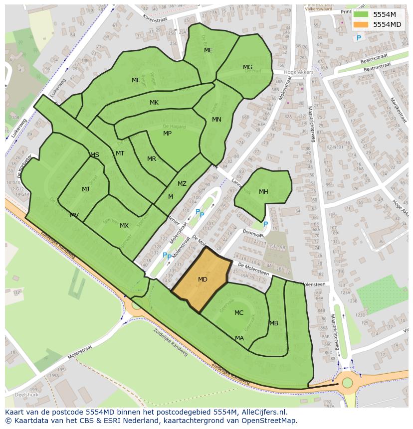Afbeelding van het postcodegebied 5554 MD op de kaart.