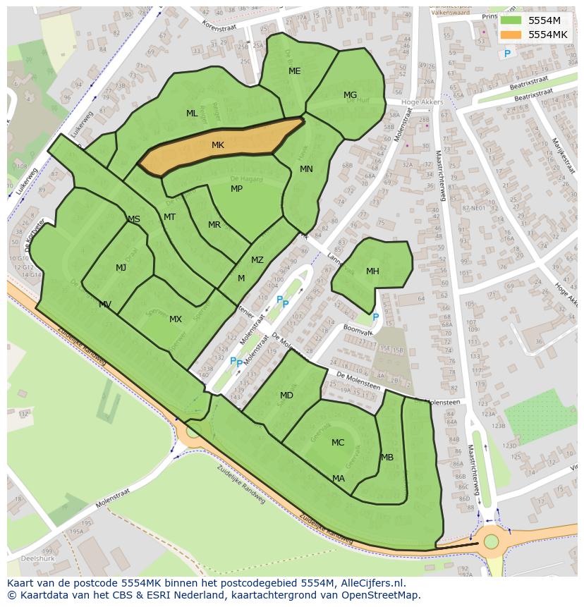 Afbeelding van het postcodegebied 5554 MK op de kaart.