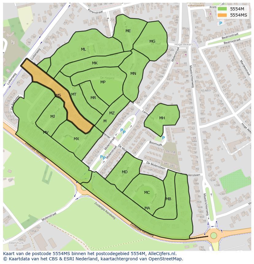 Afbeelding van het postcodegebied 5554 MS op de kaart.