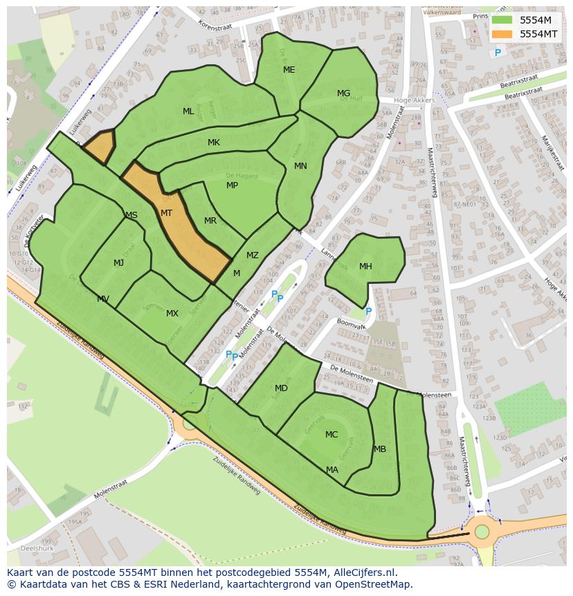 Afbeelding van het postcodegebied 5554 MT op de kaart.