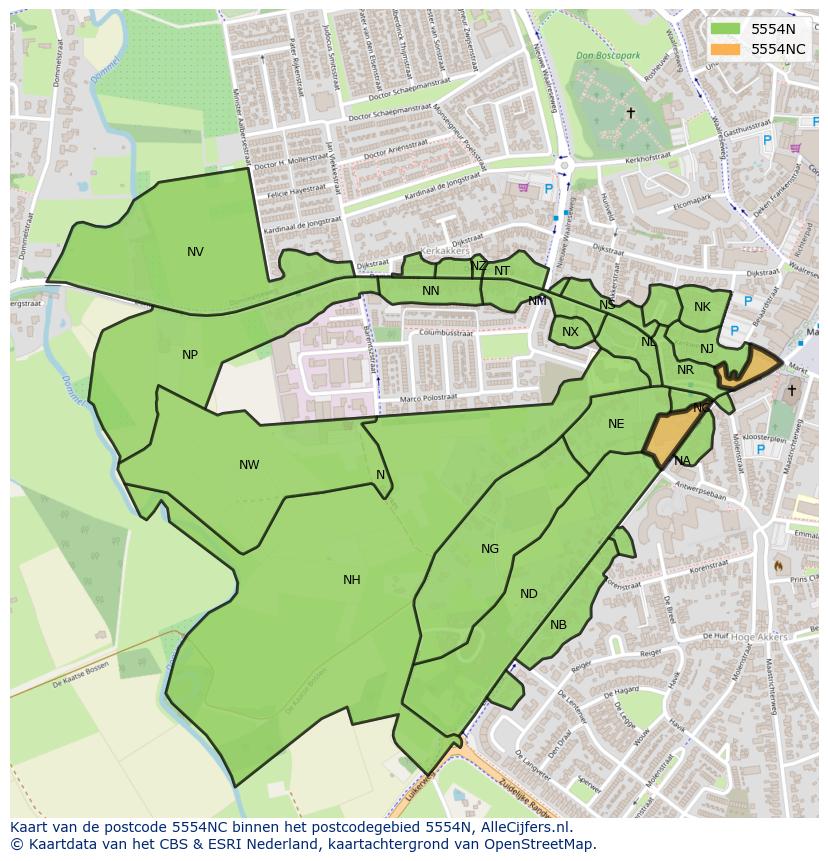 Afbeelding van het postcodegebied 5554 NC op de kaart.