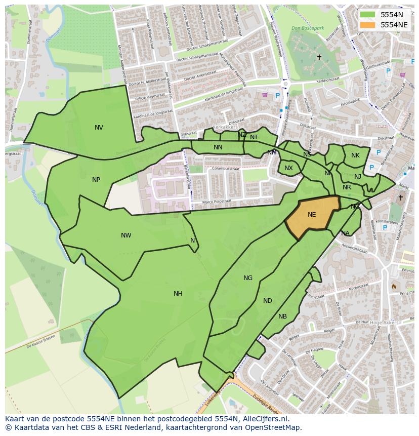 Afbeelding van het postcodegebied 5554 NE op de kaart.