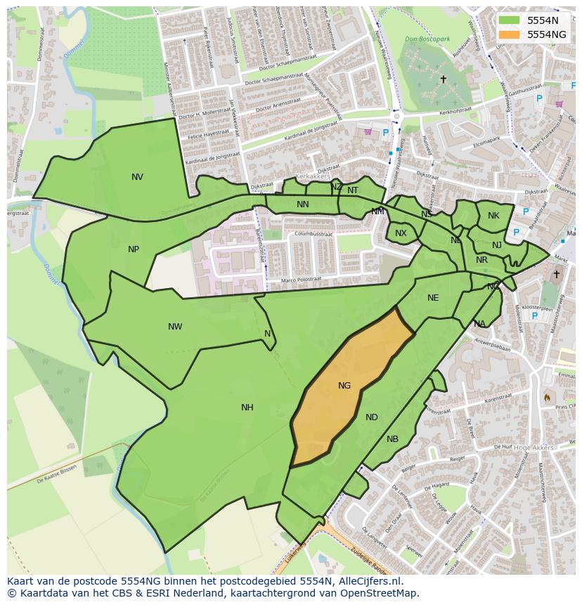 Afbeelding van het postcodegebied 5554 NG op de kaart.