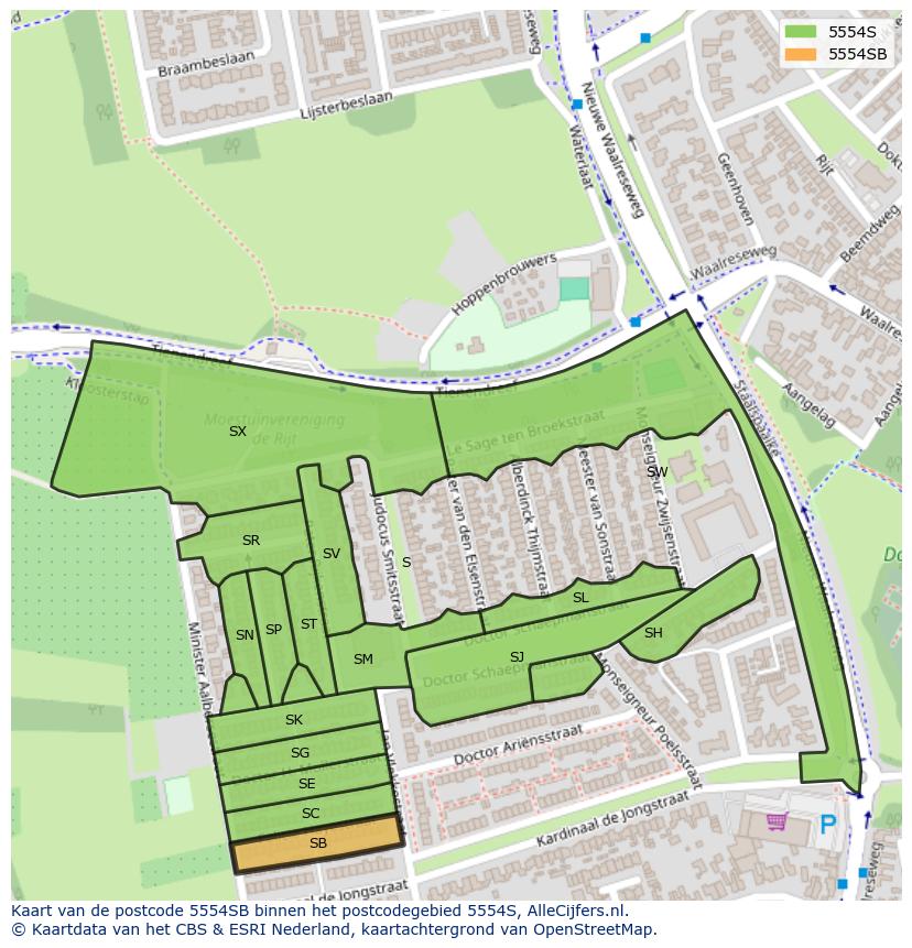 Afbeelding van het postcodegebied 5554 SB op de kaart.