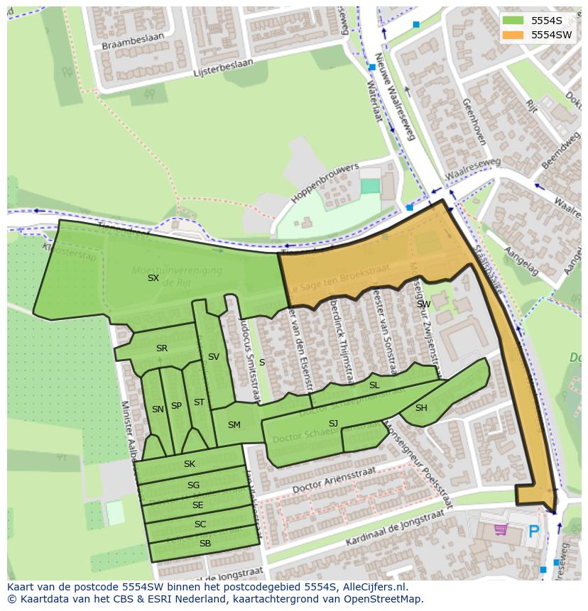 Afbeelding van het postcodegebied 5554 SW op de kaart.