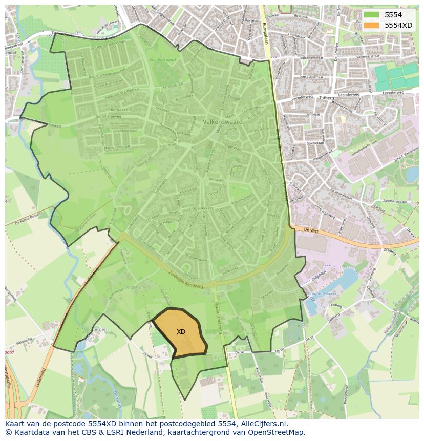 Afbeelding van het postcodegebied 5554 XD op de kaart.