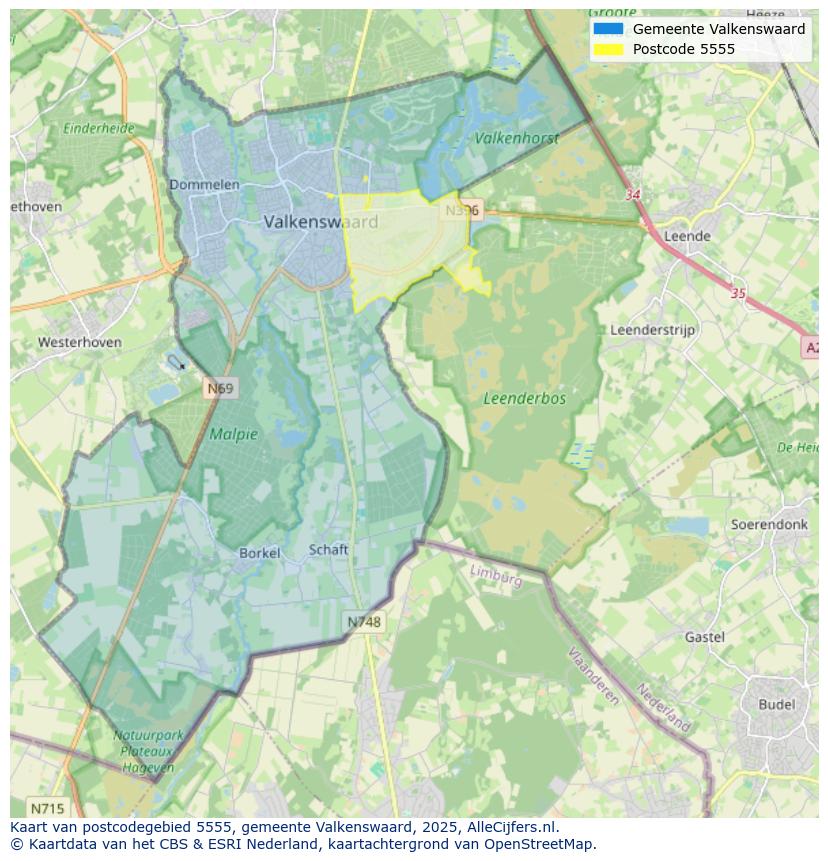 Afbeelding van het postcodegebied 5555 op de kaart.