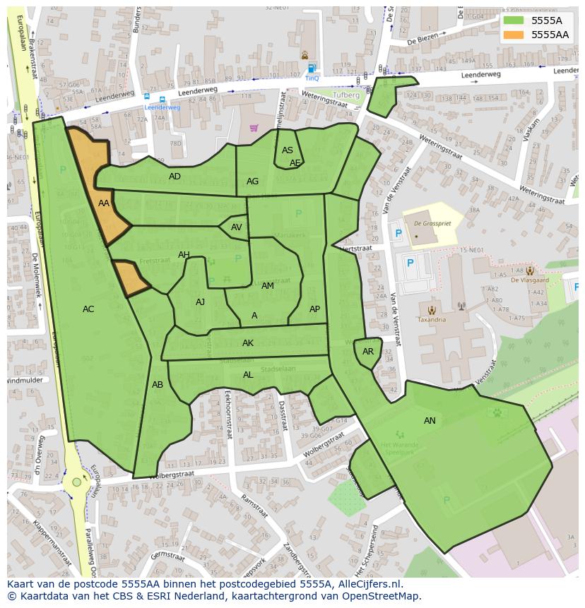 Afbeelding van het postcodegebied 5555 AA op de kaart.