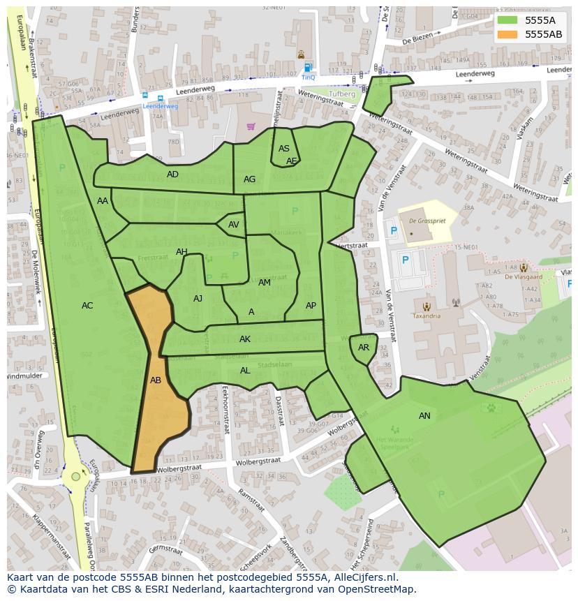 Afbeelding van het postcodegebied 5555 AB op de kaart.