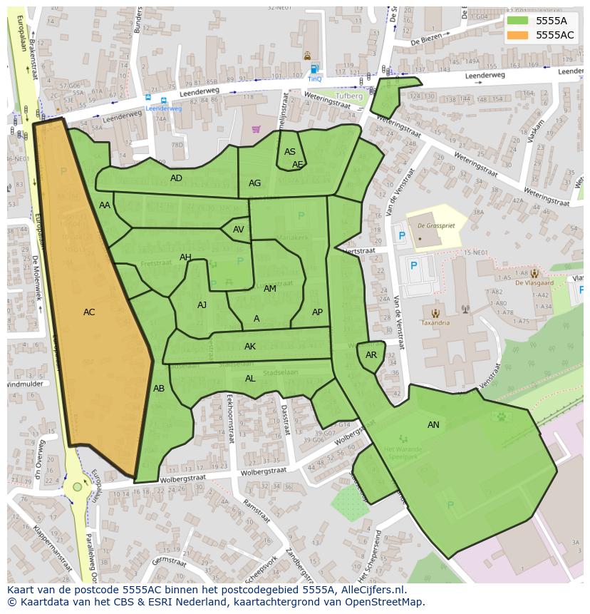 Afbeelding van het postcodegebied 5555 AC op de kaart.