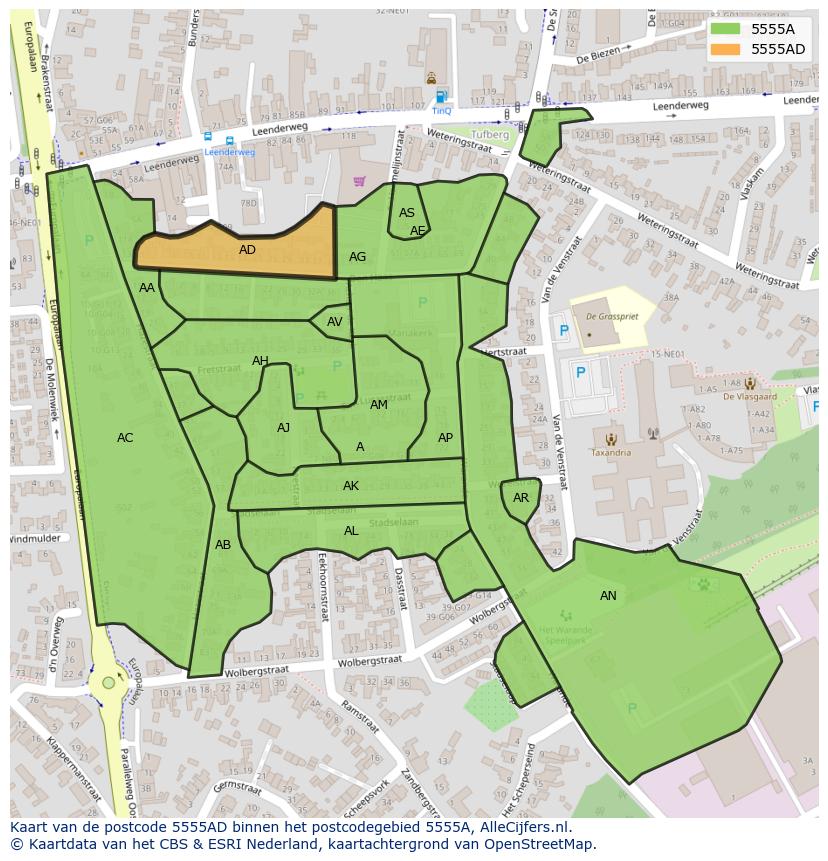 Afbeelding van het postcodegebied 5555 AD op de kaart.