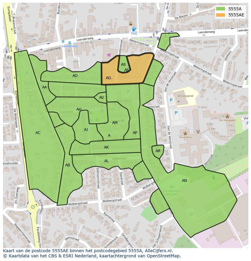 Afbeelding van het postcodegebied 5555 AE op de kaart.