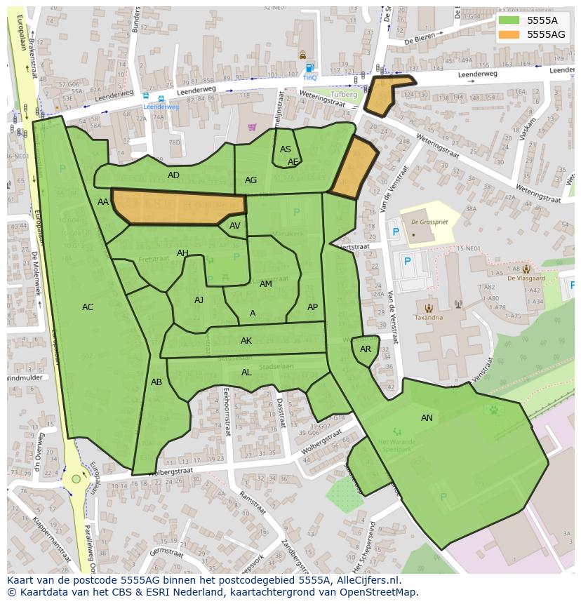 Afbeelding van het postcodegebied 5555 AG op de kaart.