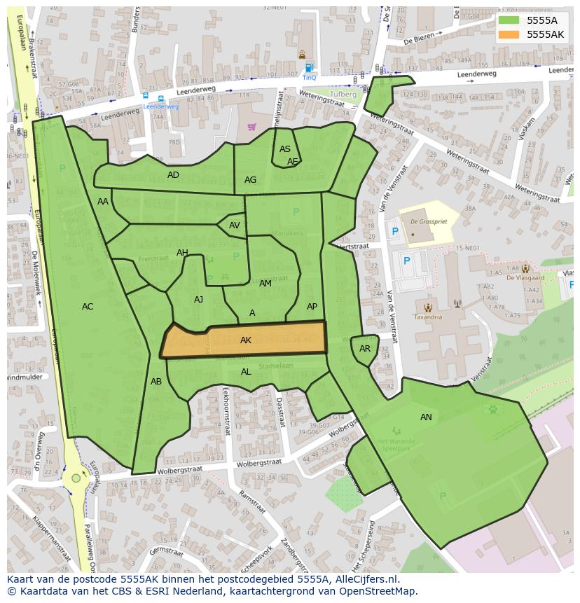 Afbeelding van het postcodegebied 5555 AK op de kaart.