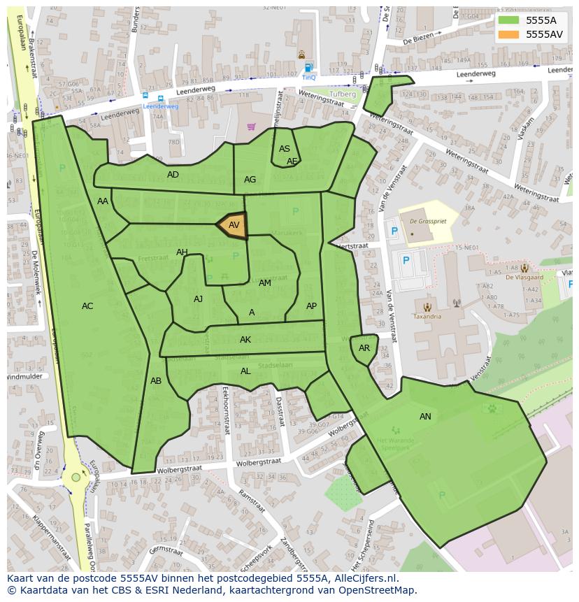 Afbeelding van het postcodegebied 5555 AV op de kaart.