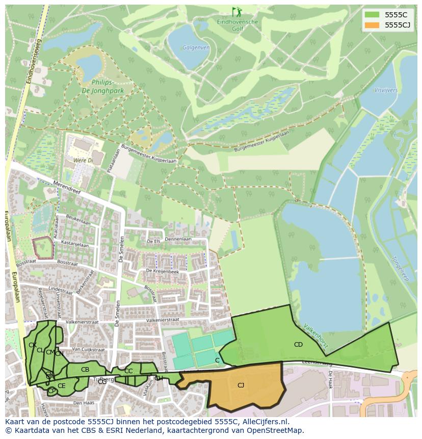 Afbeelding van het postcodegebied 5555 CJ op de kaart.
