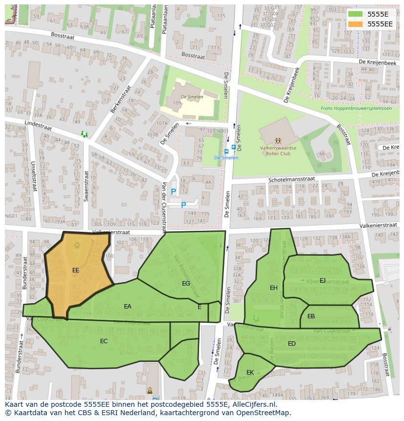Afbeelding van het postcodegebied 5555 EE op de kaart.