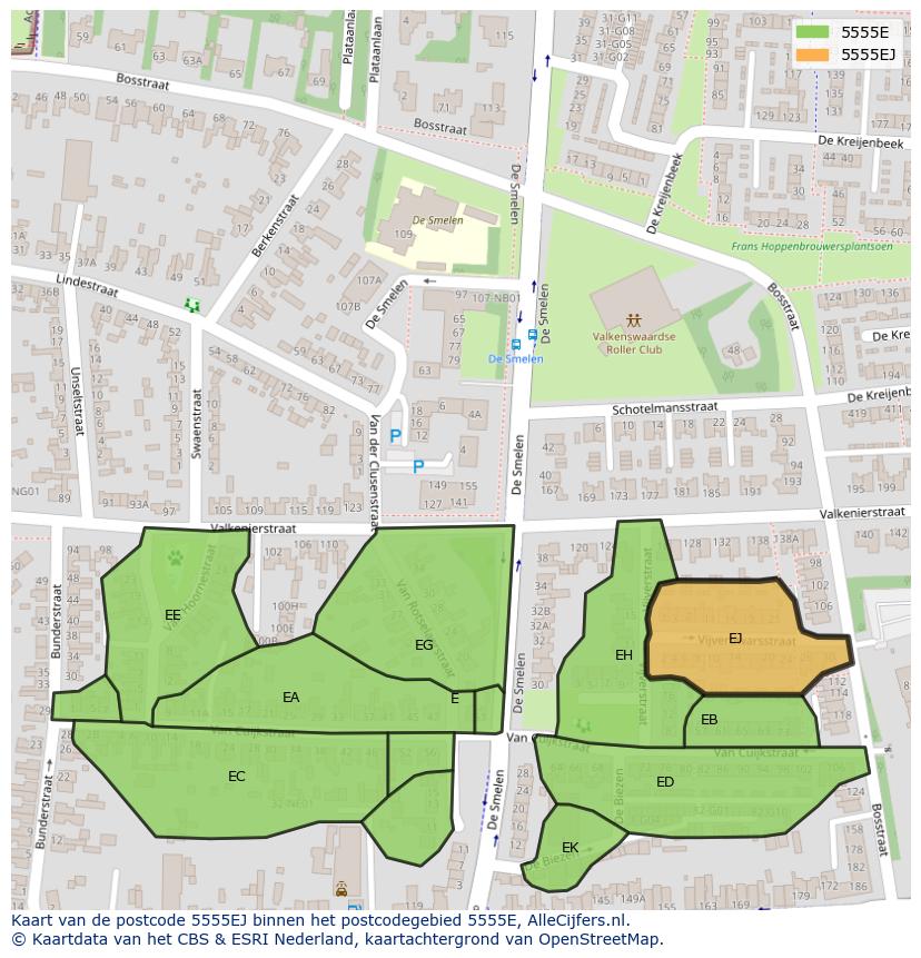 Afbeelding van het postcodegebied 5555 EJ op de kaart.