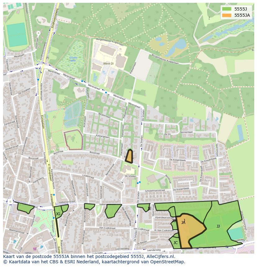 Afbeelding van het postcodegebied 5555 JA op de kaart.